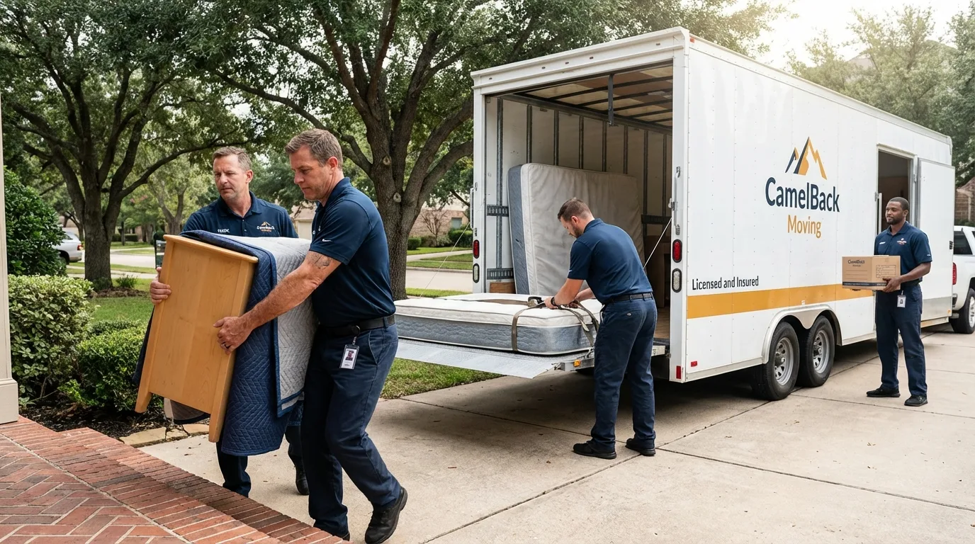 Crew loading residential truck for cross-state move from San Marcos, TX