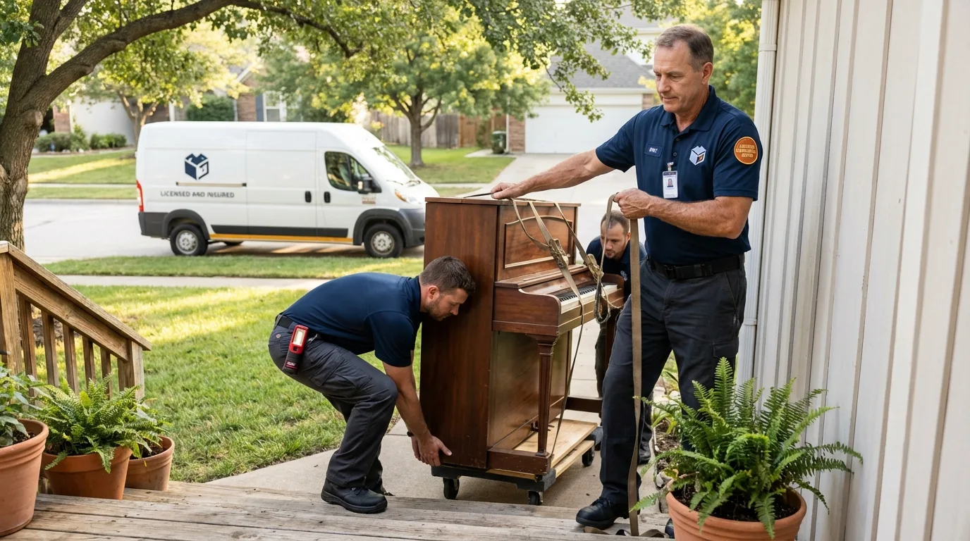 Licensed piano movers securing grand piano in San Marcos, TX