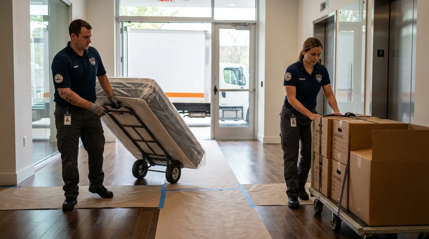Professional apartment movers loading elevator in San Marcos, TX