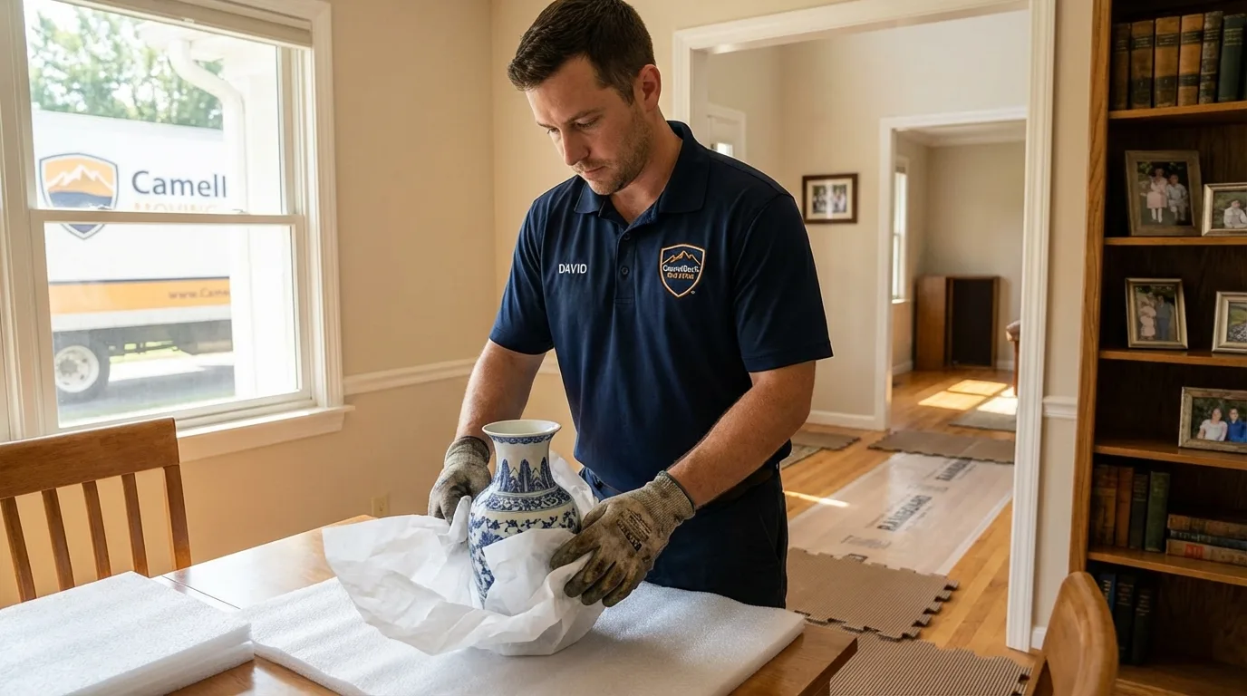 Professional crew carefully wrapping antique vase for senior downsizing move in San Marcos, TX