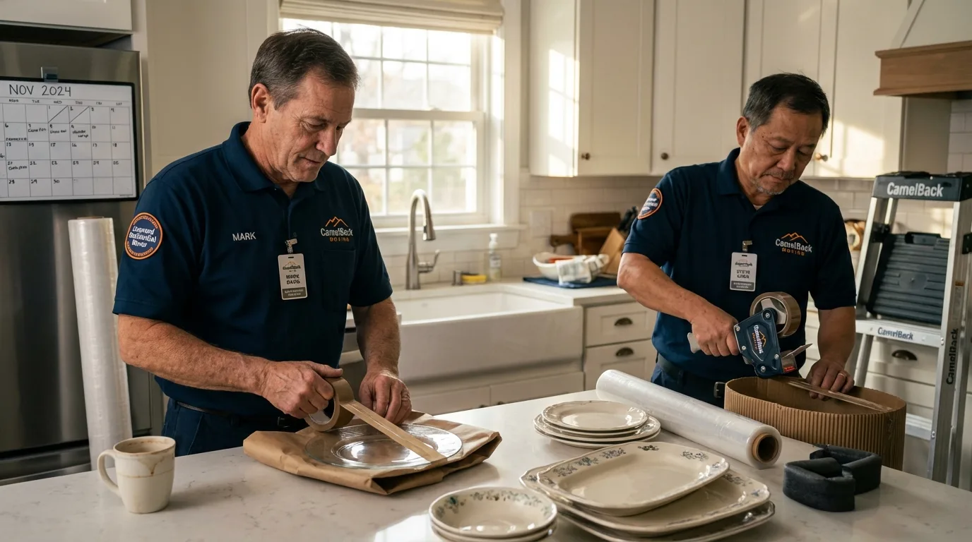 Professional crew packing kitchen dishware in San Marcos, TX